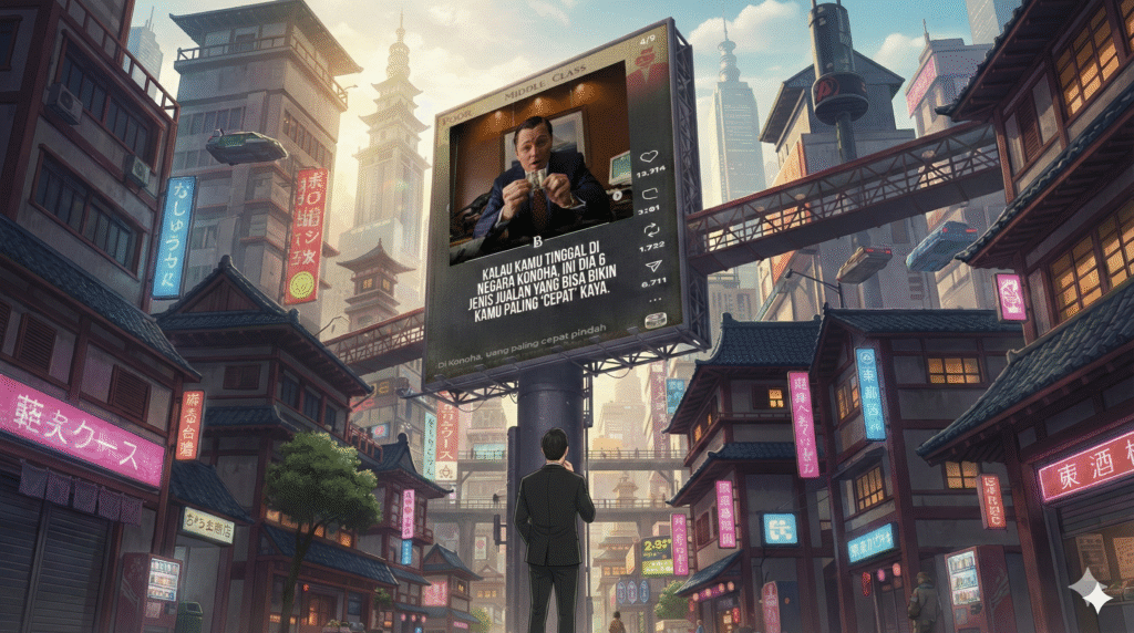 Ilustrasi sinematik 16:9 yang menampilkan Dedy Budiman (Pakar Sales & Mahasiswa Doktoral) sedang berdiri dengan pose reflektif menghadap sebuah billboard raksasa di pusat kota futuristik bergaya fiksi (Konoha). Billboard tersebut menampilkan postingan Instagram provokatif tentang 6 cara cepat kaya. Terdapat elemen visual yang mempertanyakan keseimbangan antara emosi (Affective Trust) dan logika (Cognitive Trust) dalam dunia penjualan profesional.