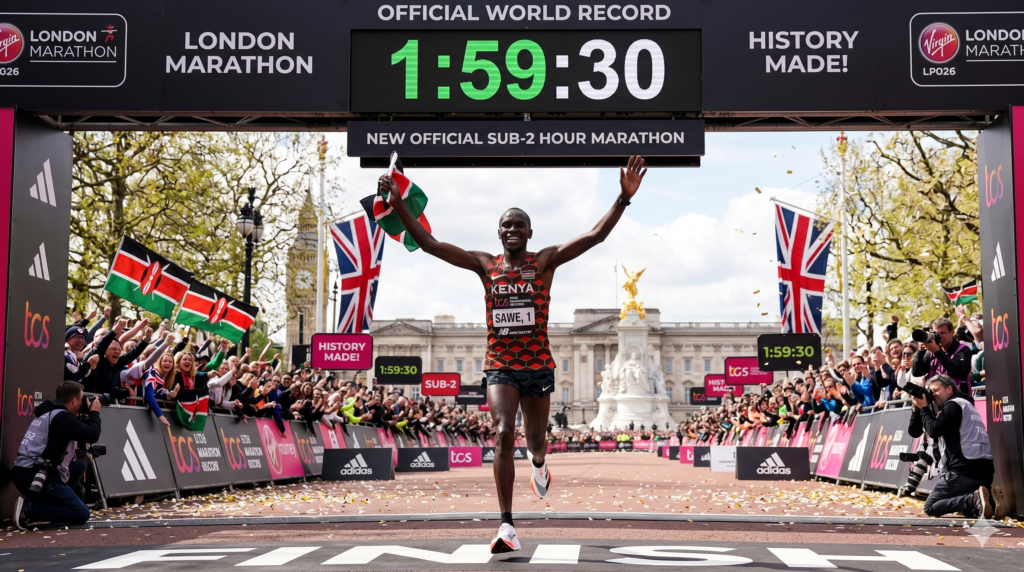 Pelari asal Kenya, Sabastian Sawe, mencatatkan waktu fantastis 1:59:30. mencapai garis finish Pada London Marathon yang berlangsung pada 26 April 2026.