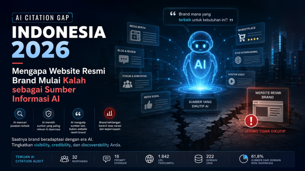 AI Citation Gap Indonesia 2026 menunjukkan website resmi brand mulai kalah sebagai sumber informasi AI dibanding media sosial, marketplace, blog, dan situs berita.