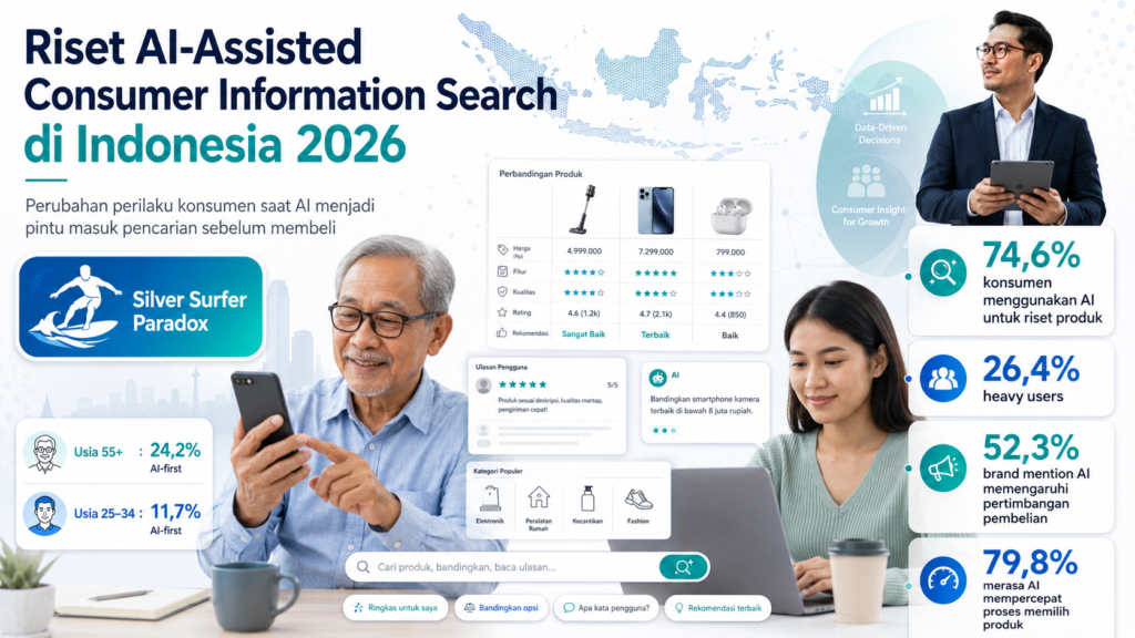Infografik riset AI-Assisted Consumer Information Search di Indonesia 2026 yang menampilkan konsumen senior dan muda menggunakan AI untuk mencari informasi produk, dengan data 74,6% konsumen memakai AI untuk riset produk, 26,4% heavy users, 52,3% dipengaruhi brand mention AI, dan fenomena Silver Surfer Paradox.